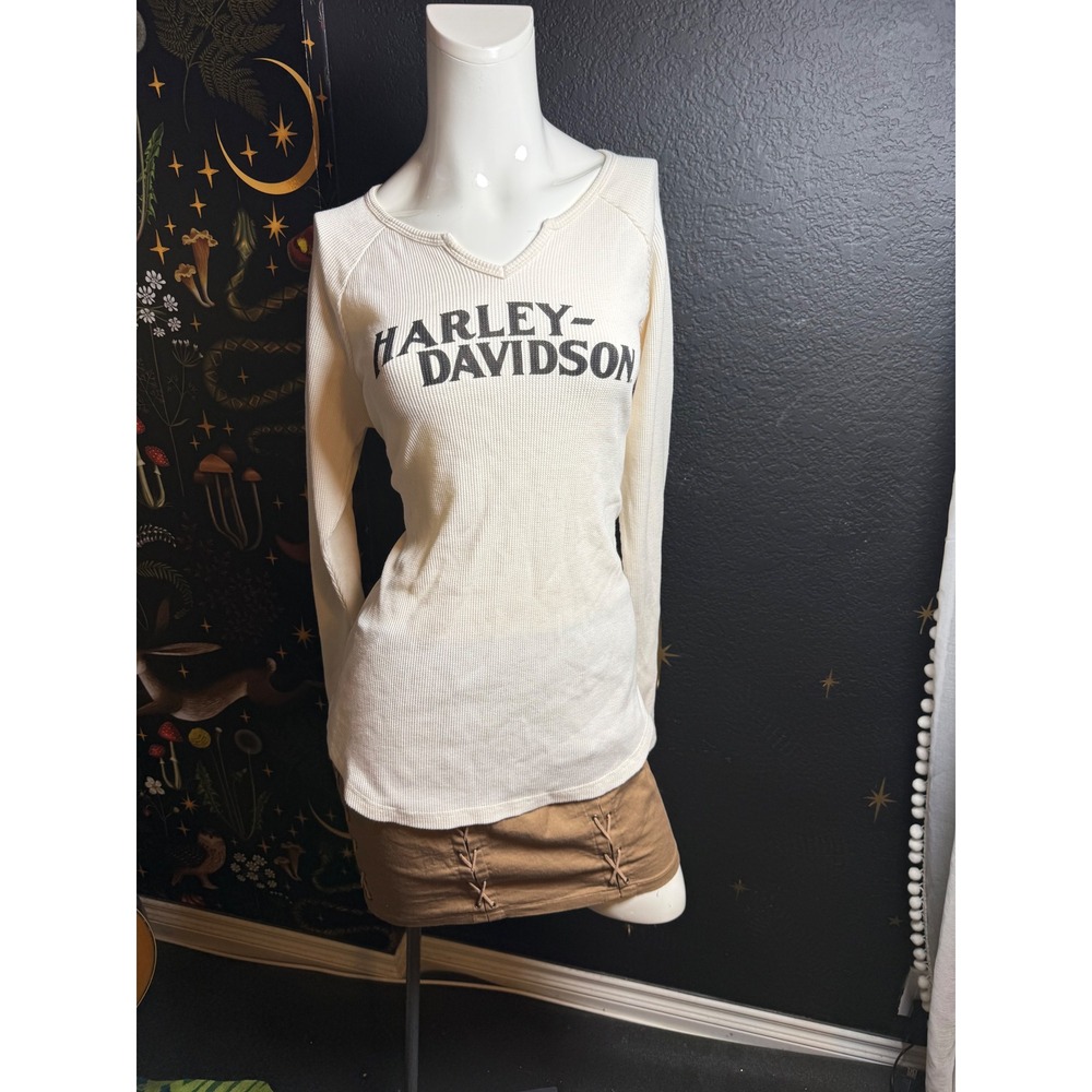 Harley-Davidson Women Cream Waffle Knit Thermal Long Sleeve Logo Top XL